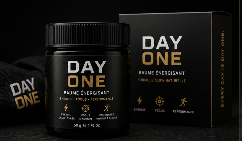 DAY ONE Baume Énergisant – packaging noir et or premium